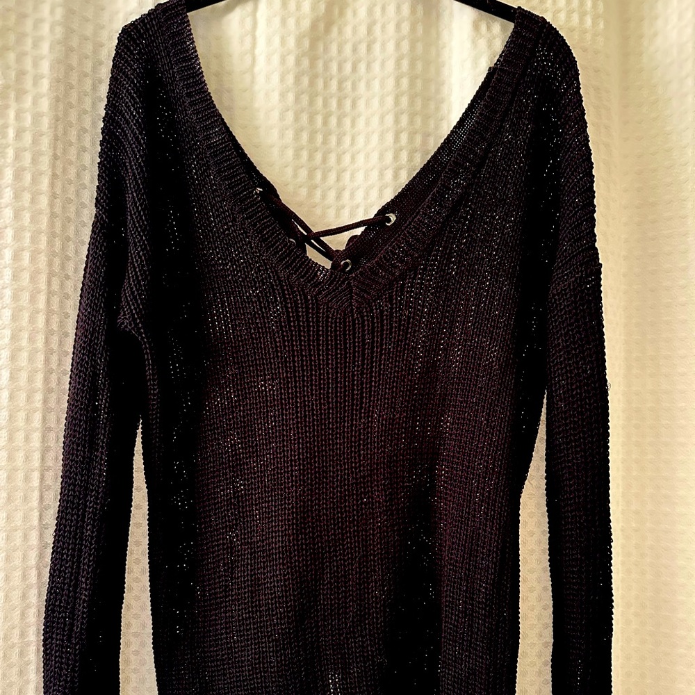 Pookie&Sebastian light knit black sweater. Laces up back + hangs off shoulder.